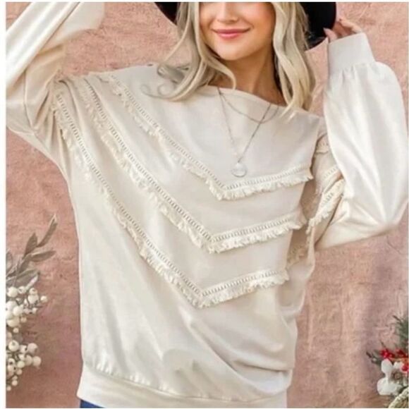 ANDTHEWHY Long Sleeve Ruffle Fringe Boho Style Size Large Long Sleeve Top Sweats - Picture 1 of 7